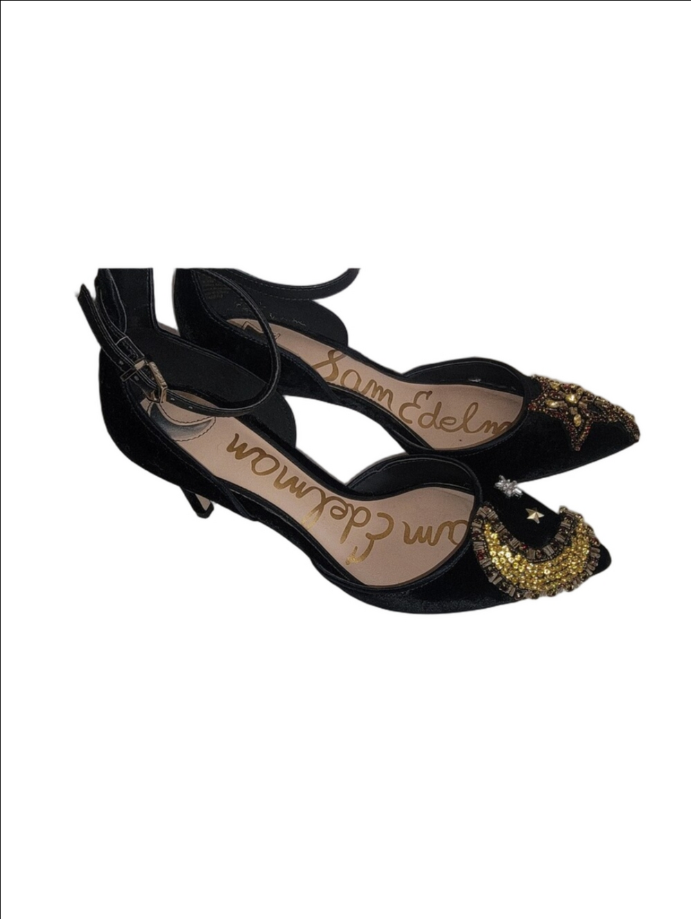 Sam Edelman "Tabby 3" Black Velvet Embellished Pointed Toe Slingback Heels 6.5